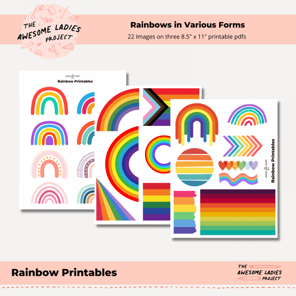 ALP Shop image for rainbow printables shows three pages of rainbow images layered on top of each other